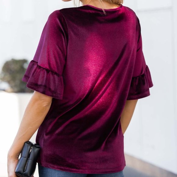 AMARYLLIS | Wine Velvet Ruffle-Accent Short-Sleeve Top (Size: Medium) - Picture 2 of 12